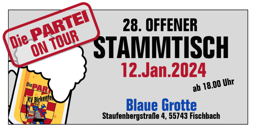 Ankündigung des Stammtischs - ein Stempel "Die PARTEI ON TOUR" über einem Glaskrug Bier mit dem Wappen des KV Birkenfeld.