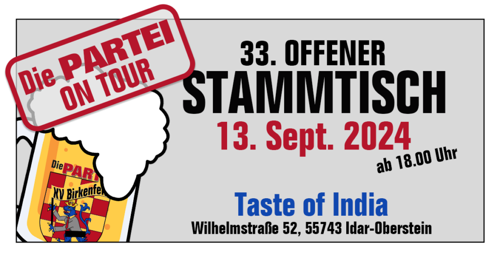 Es ist wieder Stammtisch-Zeit
Freitag, 13. September 2024
Taste of India Wilhelmstr. 52, 55743 Idar-Oberstein