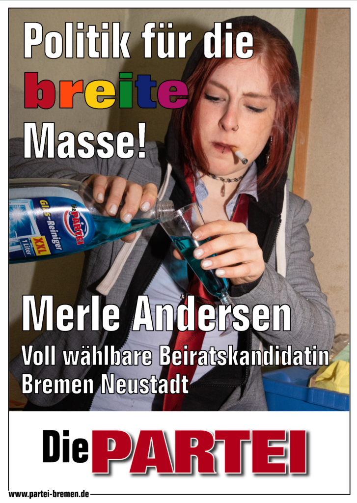 Merle Andersen - Die PARTEI
Voll wählbare Beiratskandidatin Bremen Neustadt