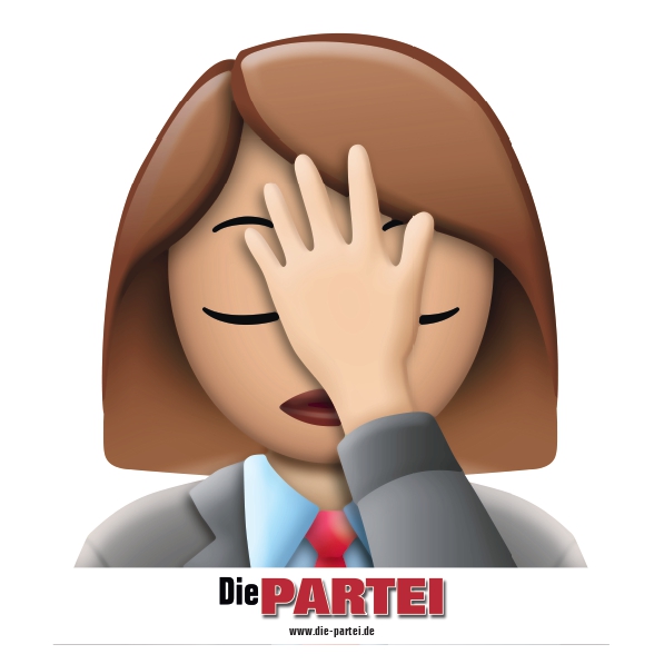 Die PARTEI Onlinesticker, weiß
Bild: PARTEIFrau-Facepalm-Emoji
Ein als Frau gelesenes Emoji in PARTEIKampfanzug hält sich mit geschlossenen Augen die linke Hand an die Stirn (Facepalm).
Die PARTEI
