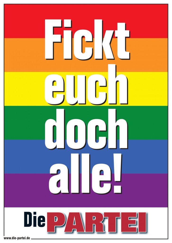 Fickt euch doch alle!
Auf Rot orange gelb grün blau villett von oben nach unten gestreiften Hintergrund