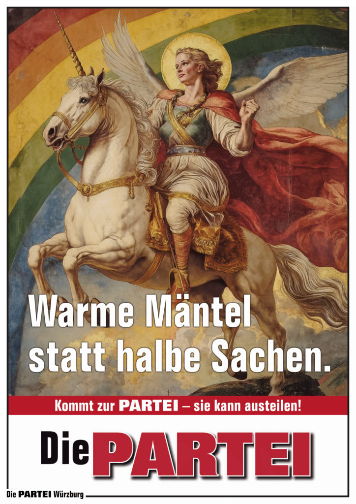 Im Stil einer kirchlichen Freskenmalerei wie der von da Vinci und anderer: Eine blonde Frau mit Heiligenschein und Engelsflügeln reitet auf einem weißen Einhorn. Sie trägt einen roten Mantel und hält die linke Hand zur Faust geballt nach oben. Hinter ihr ist ein Regenbogen zu sehen. 